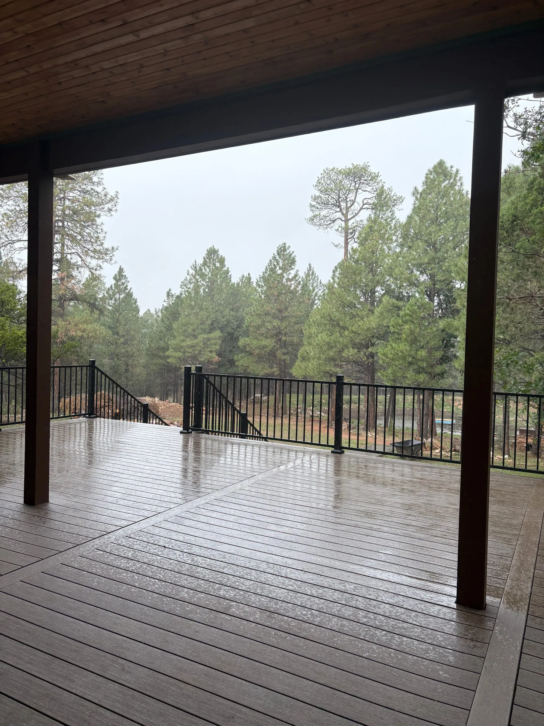 The back deck — about 750 square feet of composite decking. The near half is roofed with a wood ceiling. The far half is open to the sky, railed in black metal, and looks straight out into the pines.