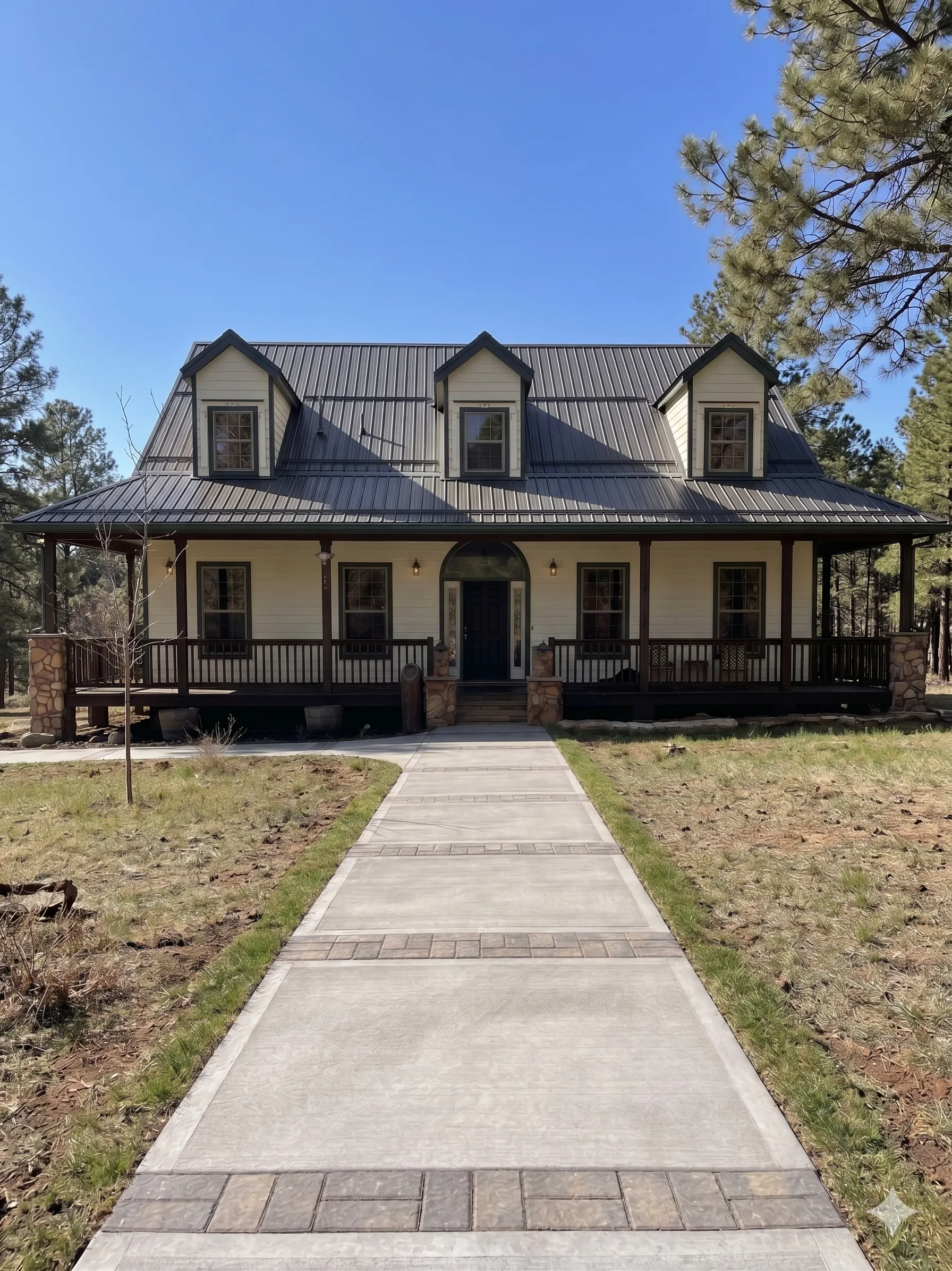 The front of Spoonbill Lodge — a two-story home with a wrap-around porch, set among tall pines.